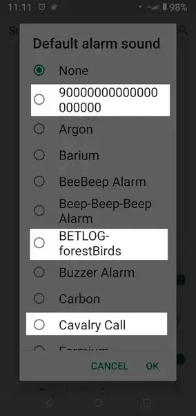 delete all files on device sdcard 'Alarms' folder, power down, power up, scp renamed files to target device, power down, power up, check sound settings for Alarms - vis: this image
