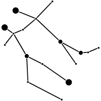 The constellation Gemini depicted as two distinct stickmen, with the stars Castor and Pollux as each of their heads. The two stickmen's arms are joined together by the star Iota Geminorum, as if one of them is tugging the other.