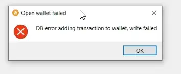Open wallet failed: DB error adding transaction to wallet, write failed
