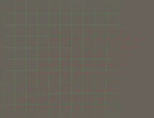 Example image showing the default world space in a green grid being transformed to the skewed space in a red grid.