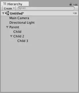 Unity Hierarchy Window showing parent & child objects