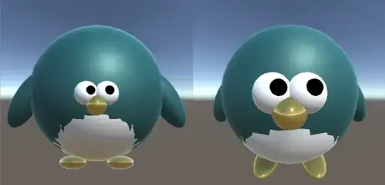 Image of a penguin, rendered through an orthographic camera on the left, and a perspective camera on the right