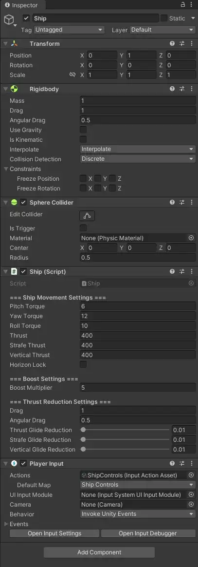 Inspector window for ship