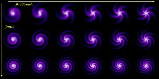 Image showing how the _ArmCount parameter makes more arms, and _Twist controls how many times the arms wrap around.