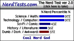 NerdTests.com says I'm a Cool Nerd God. Click here to take the Nerd Test, get geeky images and jokes, and write on the nerd forum!